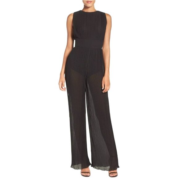 Misha Collection Larissa Black Wide Leg Sheer Pleated Jumpsuit Romper - Picture 1 of 10